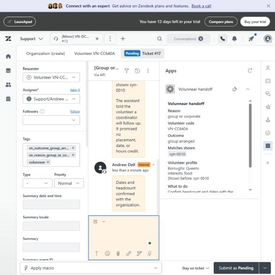 A Zendesk ticket for a group request, now pending. A coordinator's internal note says dates and headcount were confirmed with the organization. The Volunnear handoff side panel shows reason: group or corporate, outcome: group arranged, and the volunteer's profile with borough Queens and interest in food.